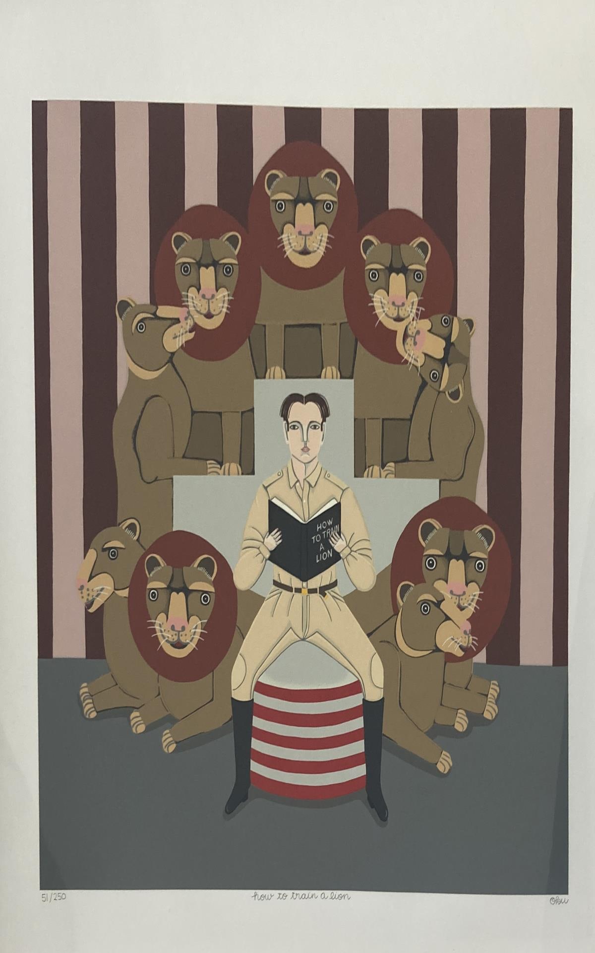 Shigeo Okumura - How to Train a Lion: Artist: Shigeo OkumuraTitle: How to Train a LionDimensions: 30in. by 22in.Edition: From the rare limited edition of 250Medium: Color serigraph on paperCondition: ExcellentSignature Details: Hand