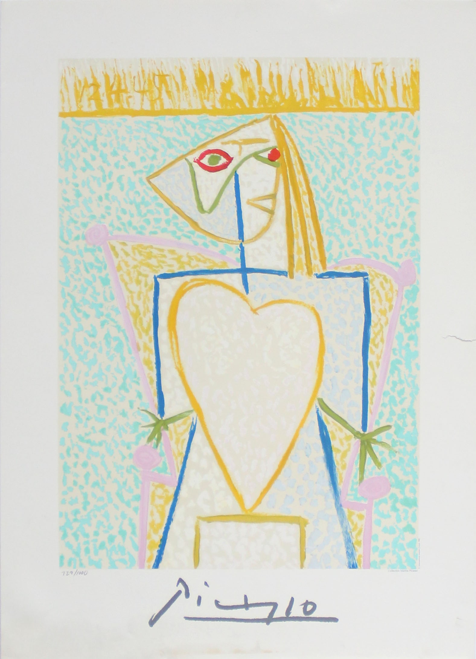 Pablo Picasso (After) - Femme au Buste en Coeur: Artist: Pablo Picasso (After)Title: Femme au Buste en CoeurYear: 1982Dimensions: 32in. by 42in.Edition: From the rare limited edition of 1000Publisher: International Masters GroupMedium: Lithograph