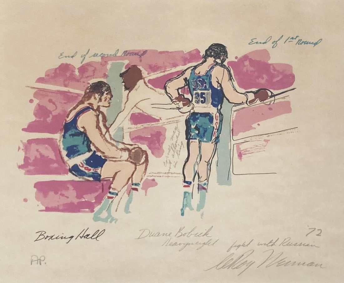 Leroy Neiman - Boxing Hall: Artist: Leroy NeimanTitle: Boxing HallYear: 1972Dimensions: 20in. by 15.5in.Edition: From the Rare Limited Edition of 250Suite: MunichMedium: Serigraph in ColorsCondition: ExcellentSignature Details: