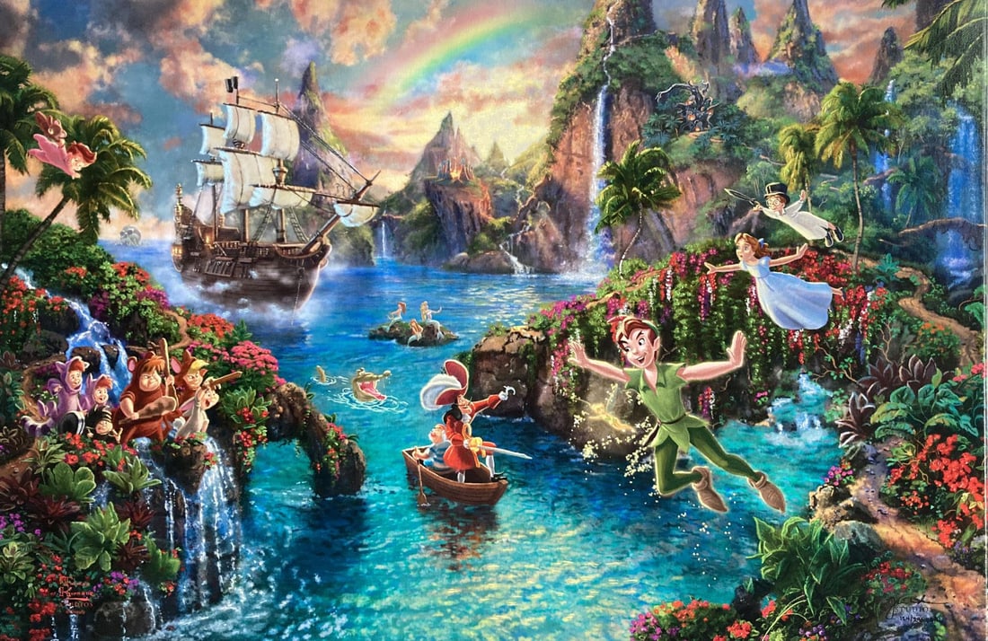 Thomas Kinkade Studios - Peter Pan's Never Land: Artist: Thomas Kinkade StudiosTitle: Peter Pan's Never LandYear: 2016Dimensions: 27in. by 18in.Edition: Numbered from the Rare Limited Edition of 295Publisher: Art Brand StudiosMedium: Continuous