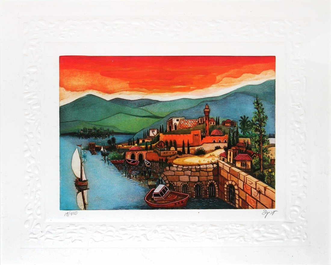 Amram Ebgi - Sea of Galilee: Artist: Amram EbgiTitle: Sea of GalileeDimensions: 14in. by 19in.Edition: 31 from the limited edition of 450Medium: Embossed lithograph on paperCondition: ExcellentSignature Details: Hand signed and
