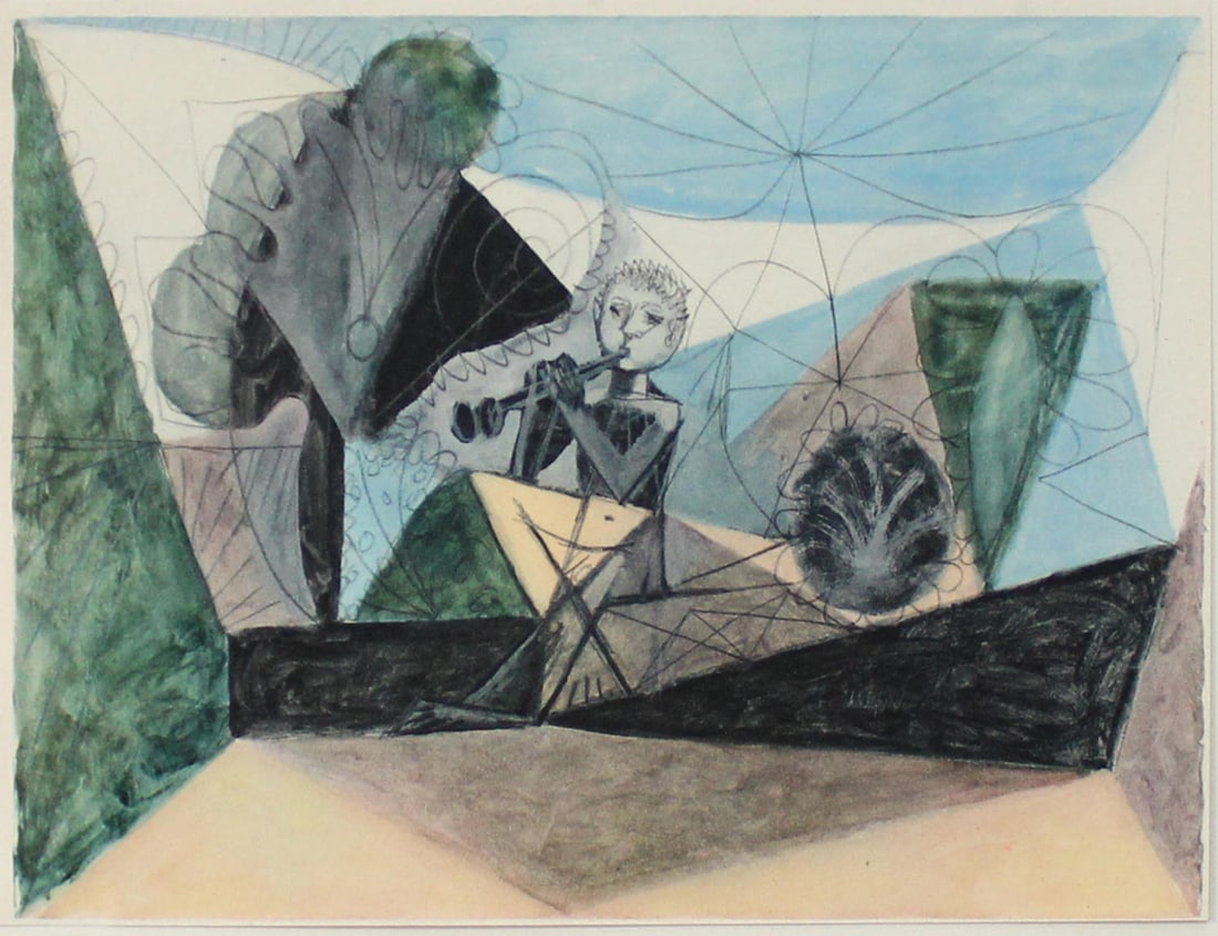 Pablo Picasso - Untitled (Double Flute): Artist: Pablo PicassoTitle: Untitled (Double Flute)Year: 1948Dimensions: 7 1/2in. by 5 7/8in.Edition: From the Rare Limited EditionPublisher: Verve ParisSuite: Couleur de PicassoMedium: Lithograph on