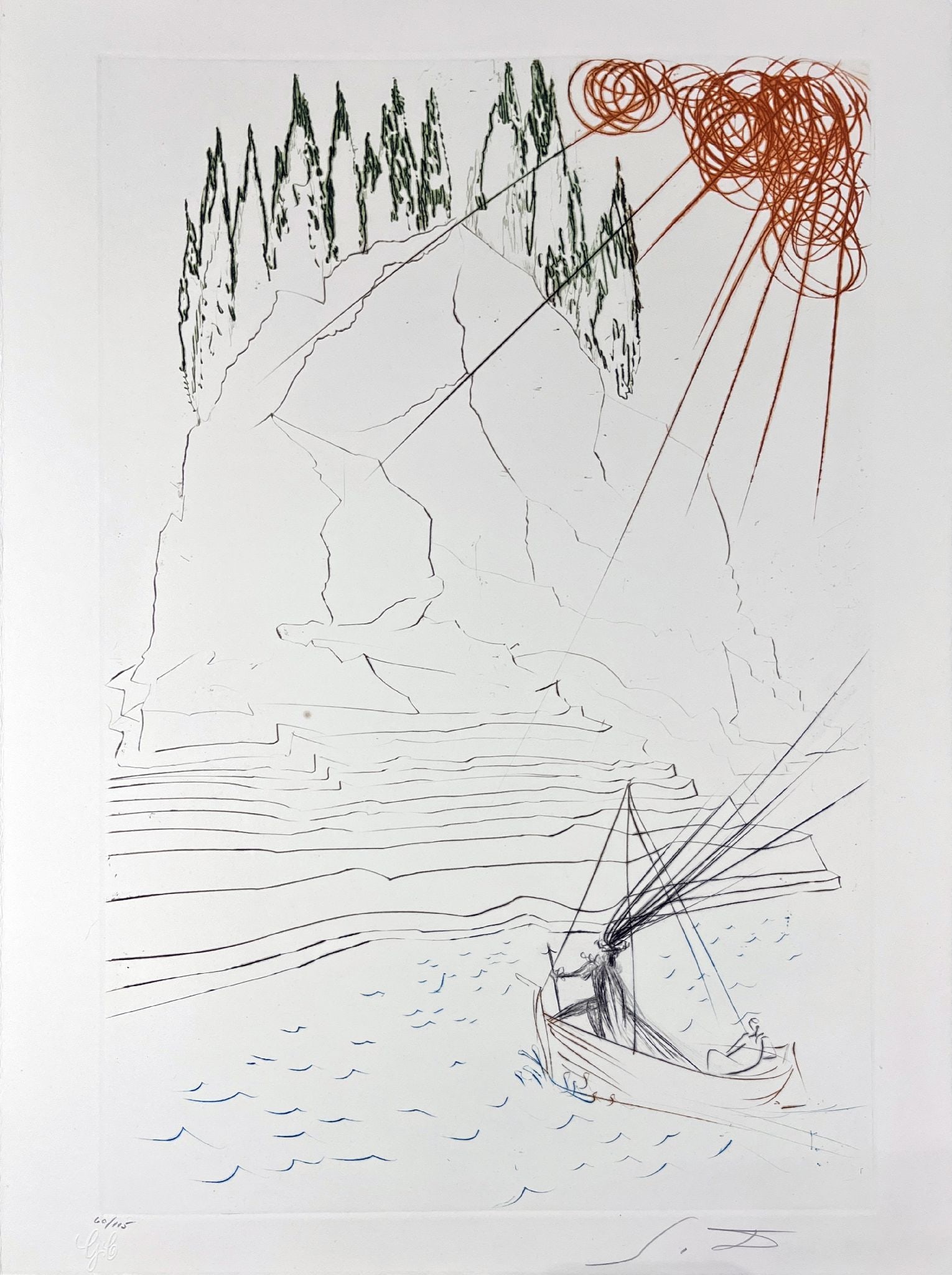 Salvador Dali - The Fight with Morhoult: Artist: Salvador DaliTitle: The Fight with MorhoultYear: 1969Dimensions: 12 3/4 x 17 5/8 in.Edition: From the limited edition of 125Suite: Tristan and IsoldeMedium: Original color drypoint etching on