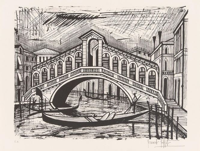 Bernard Buffet - Le Pont Du Rialto: Artist: Bernard BuffetTitle: Le Pont Du RialtoYear: Dimensions: 22 1/2 x 30 in.Edition: EA From the rare limited editionMedium: Original lithograph on paperCondition: ExcellentSignature Details: Hand