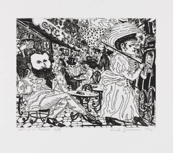 Red Grooms - Cafe Manet: Artist: Red GroomsTitle: Cafe ManetYear: 1976Dimensions: 13 1/2in. by 15in.Edition: Numbered from the Rare Limited EditionPublisher: Brooke AlexanderMedium: Etching on PaperCondition: