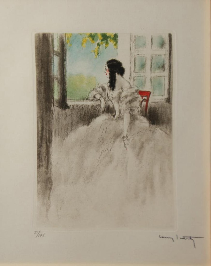 Louis Icart - At the Window: Artist: Louis Icart Title: At the Window Year: 1938 Dimensions: 9.5in. by 7.25in. Edition: From the rare limited edition of 175 Publisher: Georges Guillot Edite