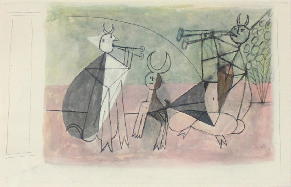 Pablo Picasso - Untitled (Two Fauns Playing Flute): Artist: Pablo PicassoTitle: Untitled (Two Fauns Playing Flute)Year: 1948Dimensions: 4 7/8in. by 7 3/4in.Edition: From the Rare Limited EditionPublisher: Verve ParisSuite: Couleur de PicassoMedium: