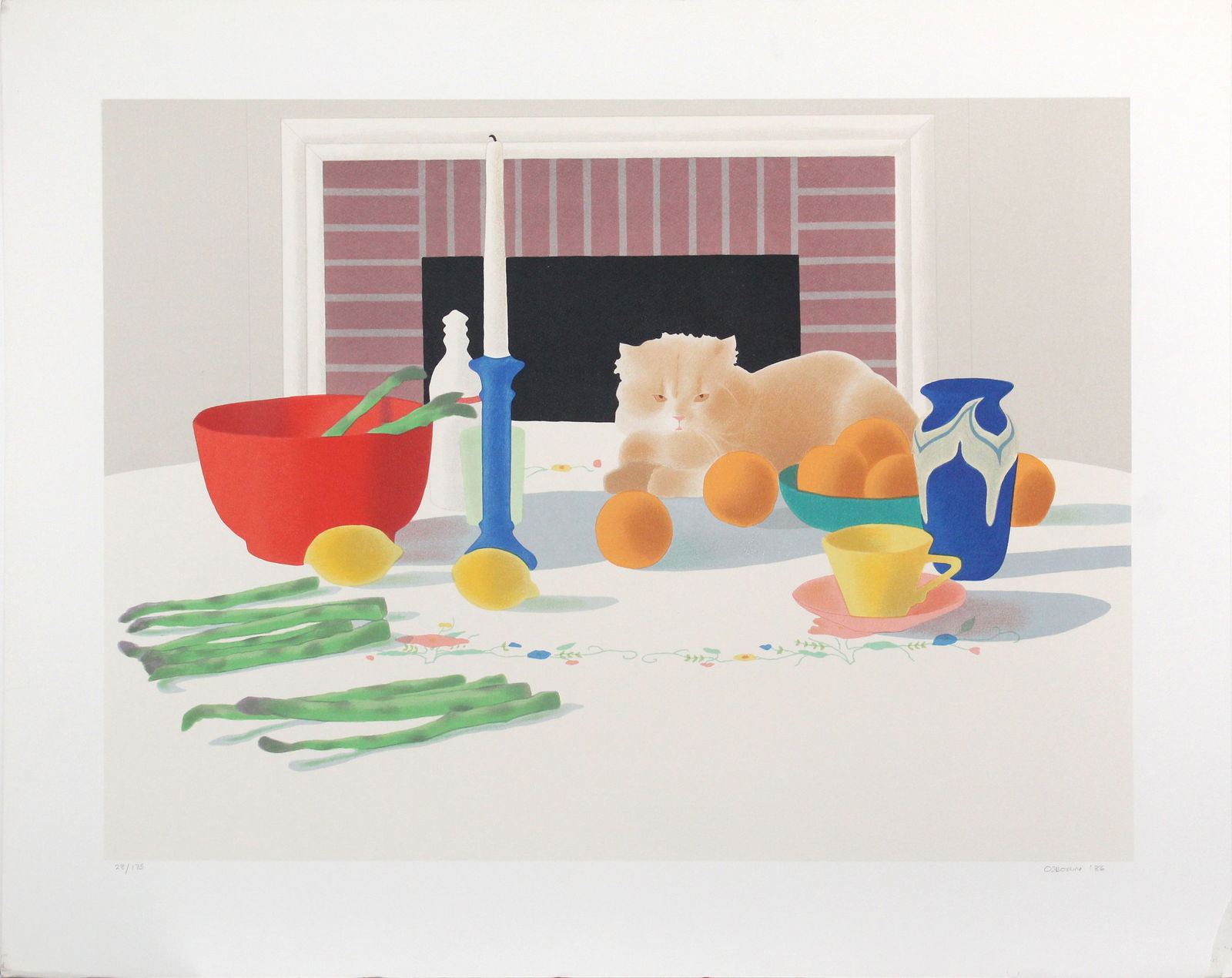 Elizabeth Osborne - Still Life with Cat: Artist: Elizabeth OsborneTitle: Still Life with CatYear: 1986Dimensions: 23 x 31 in.Edition: 28 from the limited edition of 175Medium: Original serigraph on paperCondition: ExcellentSignature