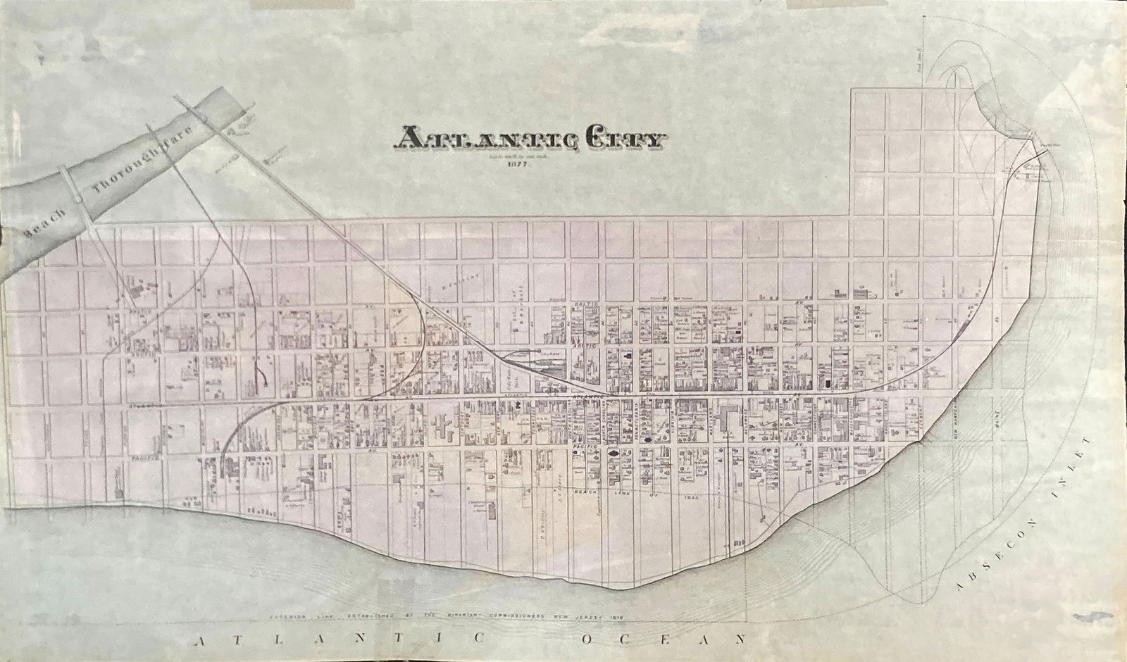Original Map of Atlantic City 1887: Artist: Unknown ArtistTitle: Map of Atlantic CityYear: 1877Dimensions: 21in. by 31in.Edition: From the Rare Limited EditionCondition: ExcellentNotes: Museum Matted FramedComes with Letter of
