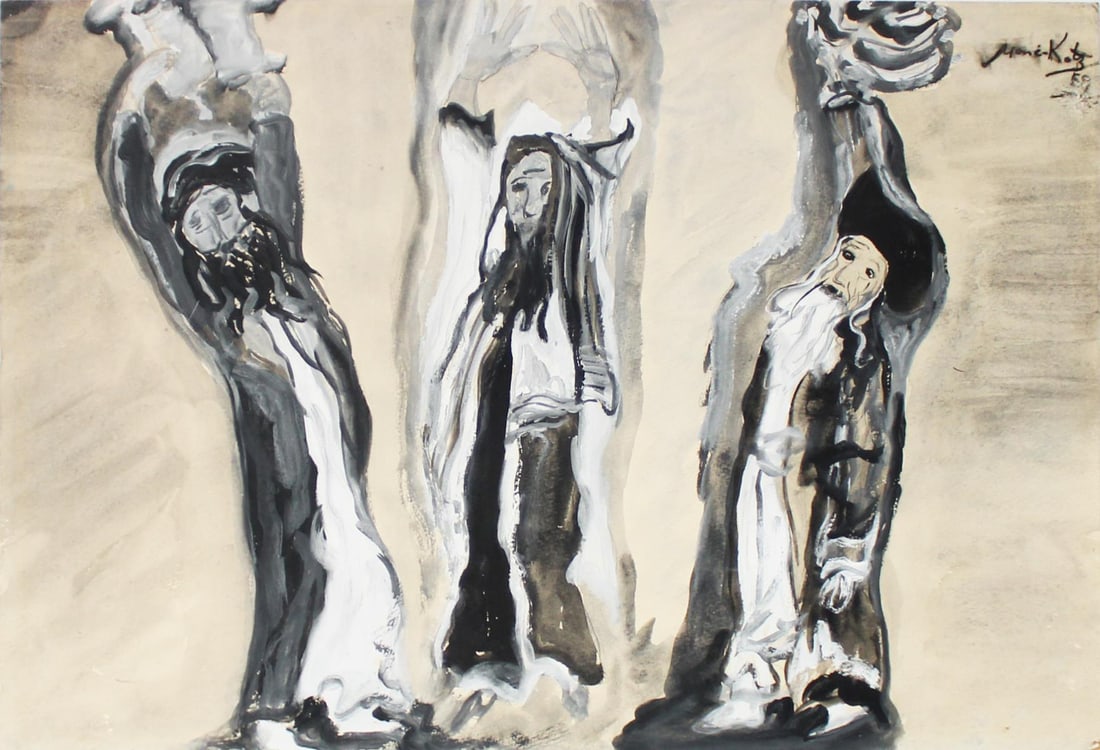 Emmanuel Mane-Katz - Three Rabbis: Artist: Emmanuel Mane-KatzTitle: Untitled (Three Rabbis)Year: c. 1959Dimensions: 13 3/4in. by 19 3/4in.Edition: Unique One of a Kind ArtworkMedium: Original Gouache and Watercolor on PaperCondition: