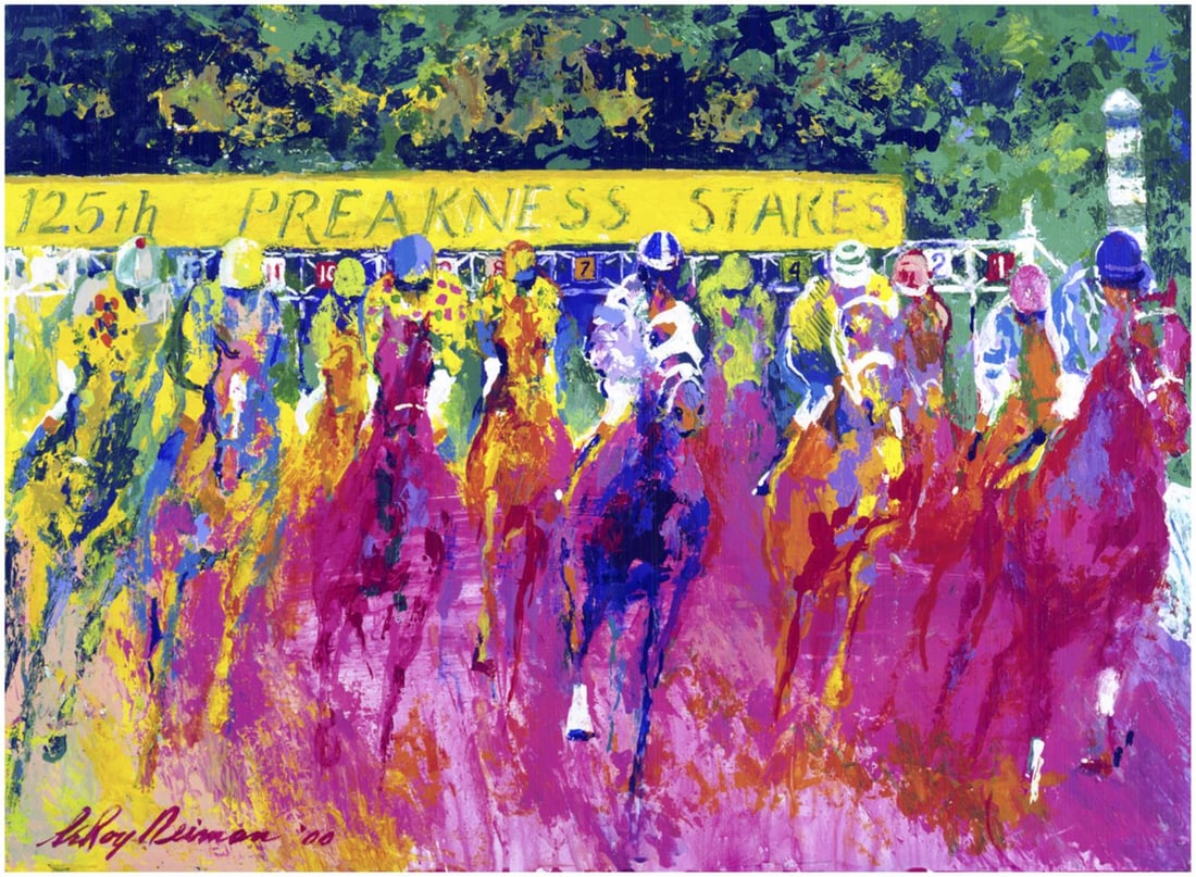LeRoy Neiman - 125th Preakness Stakes: Artist: LeRoy NeimanTitle: 125th Preakness StakesYear: 1992Dimensions: 23 1/2in. by 32in.Edition: Numbered from the rare limited edition of 300Medium: Original serigraph on paper.Condition: