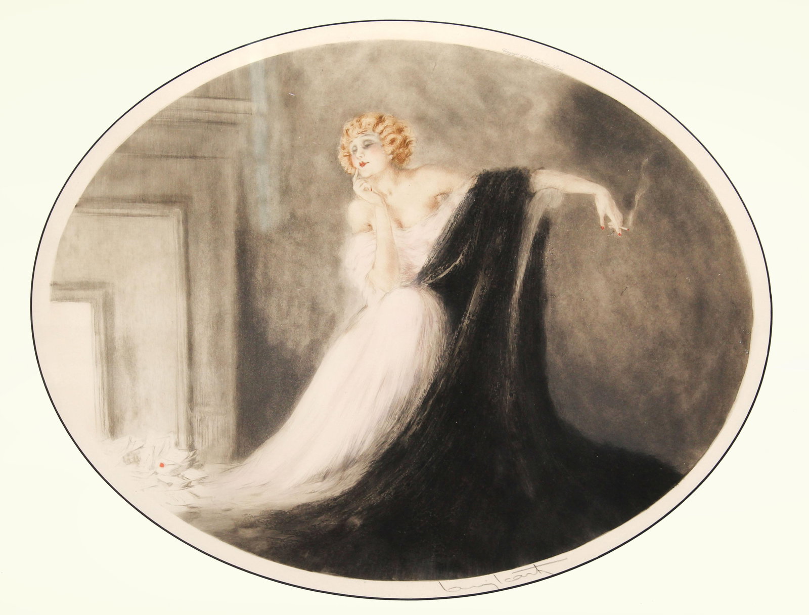Louis Icart - Sapho: Artist: Louis IcartTitle: SaphoYear: 1929Dimensions: 16in. by 20.25in.Edition: From the rare limited editionMedium: Original drypoint etching with hand coloring on paperCondition: MintSignature