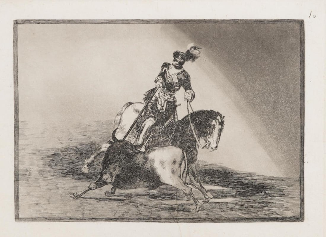 Francisco Goya - La Tauromaquia: Artist: Francisco GoyaTitle: La Tauromaquia Plate 10Year: 1816Dimensions:17 in. by 12 in.Edition: From the rare limited editionSuite: La TauromaquiaMedium: Etchings burnished aquatints drypoint and