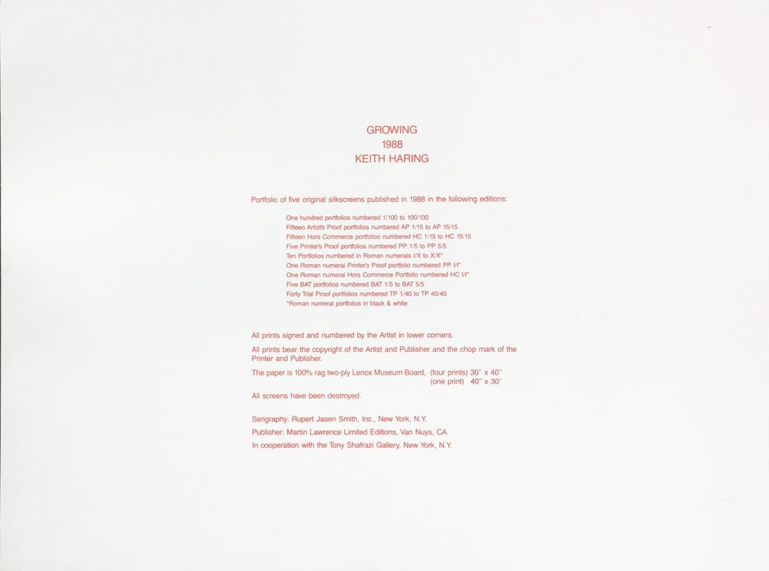 Keith Haring - Cover Sheet for "Growing" Suite: Artist: Keith Haring Title: Cover Sheet for "Growing" Suite Year: 1988 Dimensions: 40in. by 30in. Edition: From the Rare Limited Edition Publisher: Martin Lawre