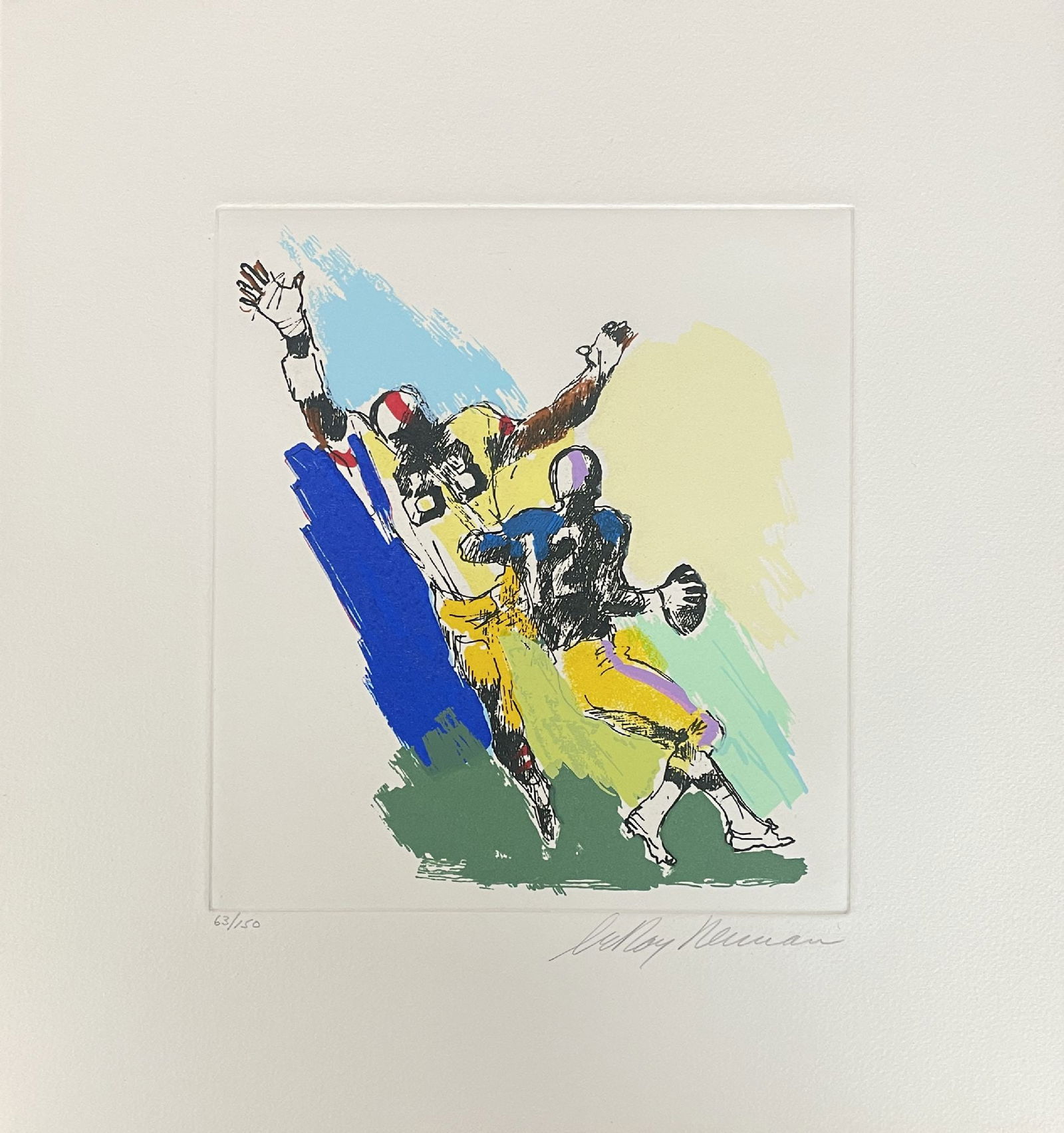 Leroy Neiman - Football 3: Artist: Leroy Neiman Title: Football 3Football 3 Year: 1972 Dimensions: 12 3/4 x 13 1/2 in. Edition: From the rare limited edition of 150 Medium: Original lith