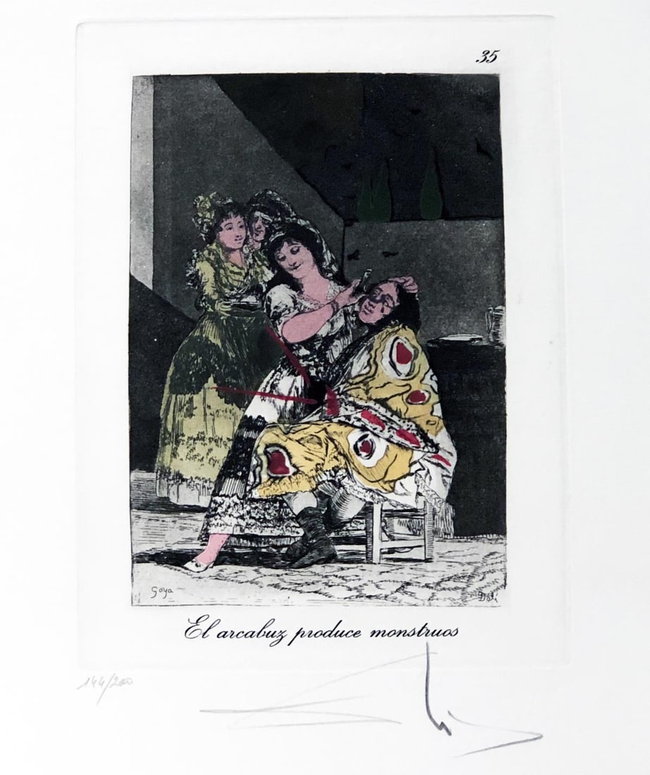 Salvador Dali - El arcabuz produce monstruos Plate 35: Artist: Salvador DaliTitle: El arcabuz produce monstruos Plate 35Year: 1977Dimensions: 17.75in. by 12.25in.Edition: From the limited edition of 200Publisher: Fernand Hazan EditeurSuite: Les Caprices