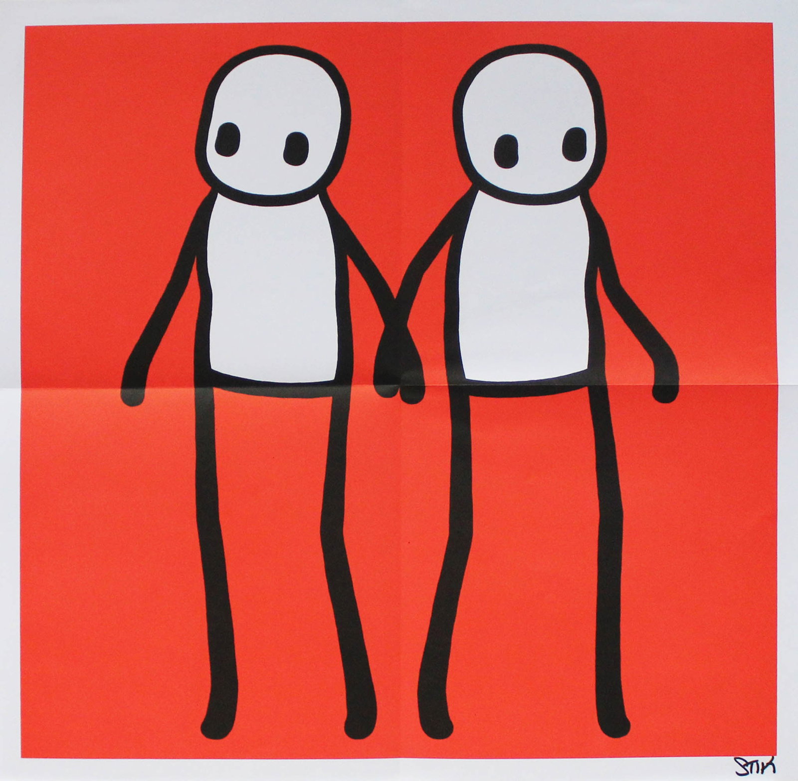 STIK - Holding Hands (Red): Artist: STIKTitle: Holding Hands (Red)Year: 2020Dimensions: 19 5/8 x 19 5/8 in.Edition: From the Rare Limited EditionOffset Lithograph in ColorsCondition: ExcellentSignature Details: Hand signed