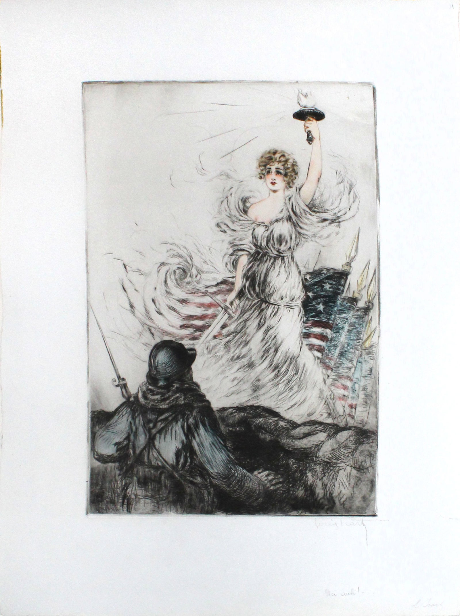 Louis Icart - Miss Liberty: Artist: Louis IcartTitle: Miss LibertyYear: 1917Dimensions: 19 1/4in. by 12 5/8in.Edition: From the rare limited edition of 100Medium: Original drypoint etching with aquatint and hand water coloring
