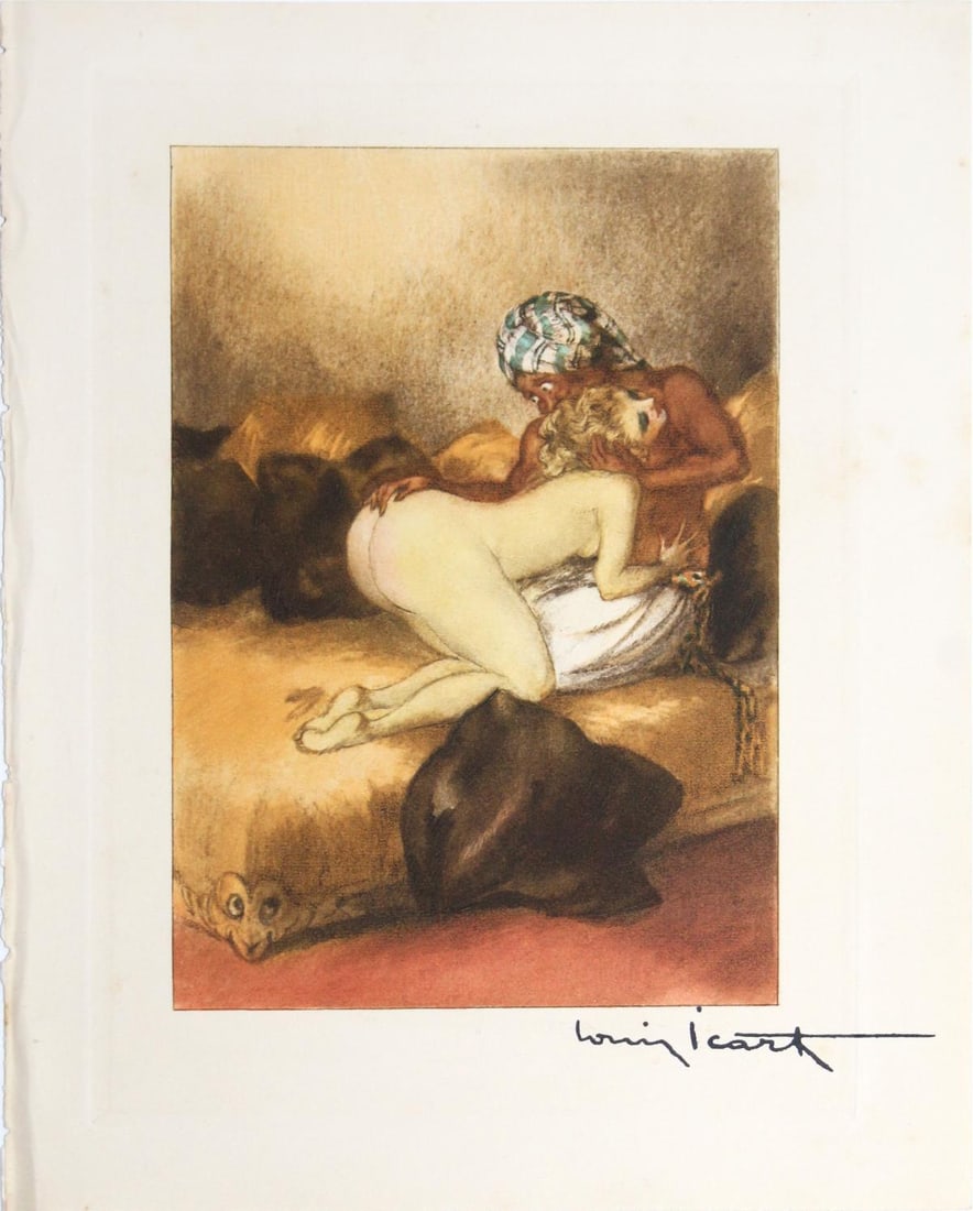 Louis Icart - Bare Buns: Artist: Louis IcartTitle: Bare BunsYear: 1935Dimensions: 7 3/8in. by 9 1/4in.Edition: From the rare limited edition of 497Publisher: Claude Prosper de CrebillonSuite: La SophaMedium: Original