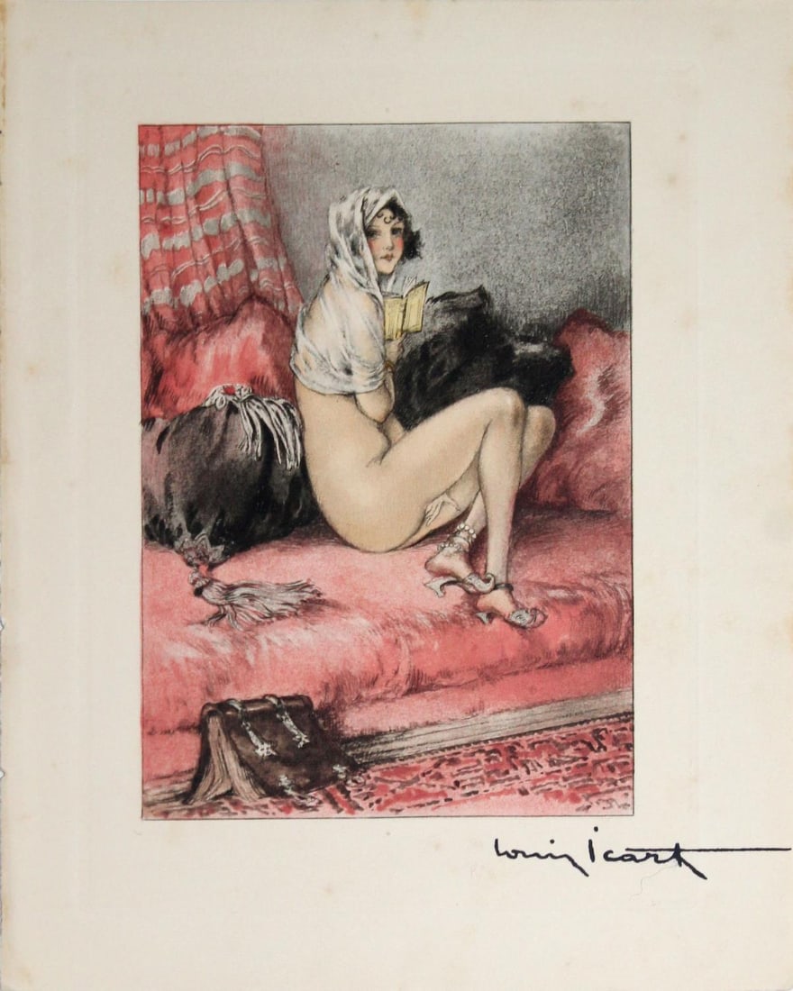 Louis Icart - Ankle Bracelets: Artist: Louis IcartTitle: Ankle BraceletsYear: 1935Dimensions: 7 3/8in. by 9 1/4in.Edition: From the rare limited edition of 497Publisher: Claude Prosper de CrebillonSuite: La SophaMedium: Original