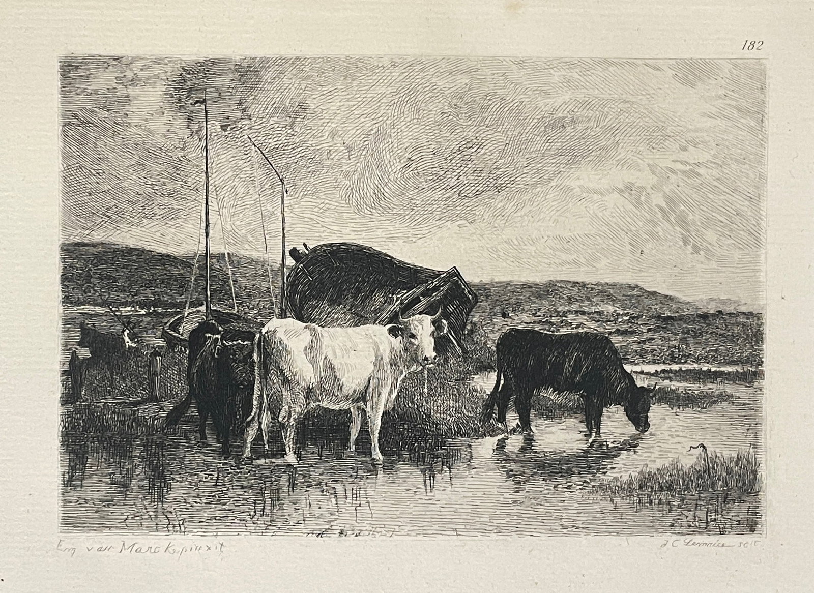 Emile Van Marcke - Vaches A L Abreuvoir: Artist: Emile Van MarckeTitle: Vaches A L AbreuvoirYear: 1873Dimensions: 11 3/4in. by 8in.Edition: From the rare limited editionMedium: Original engraving on paperCondition: ExcellentNotes: Engraving
