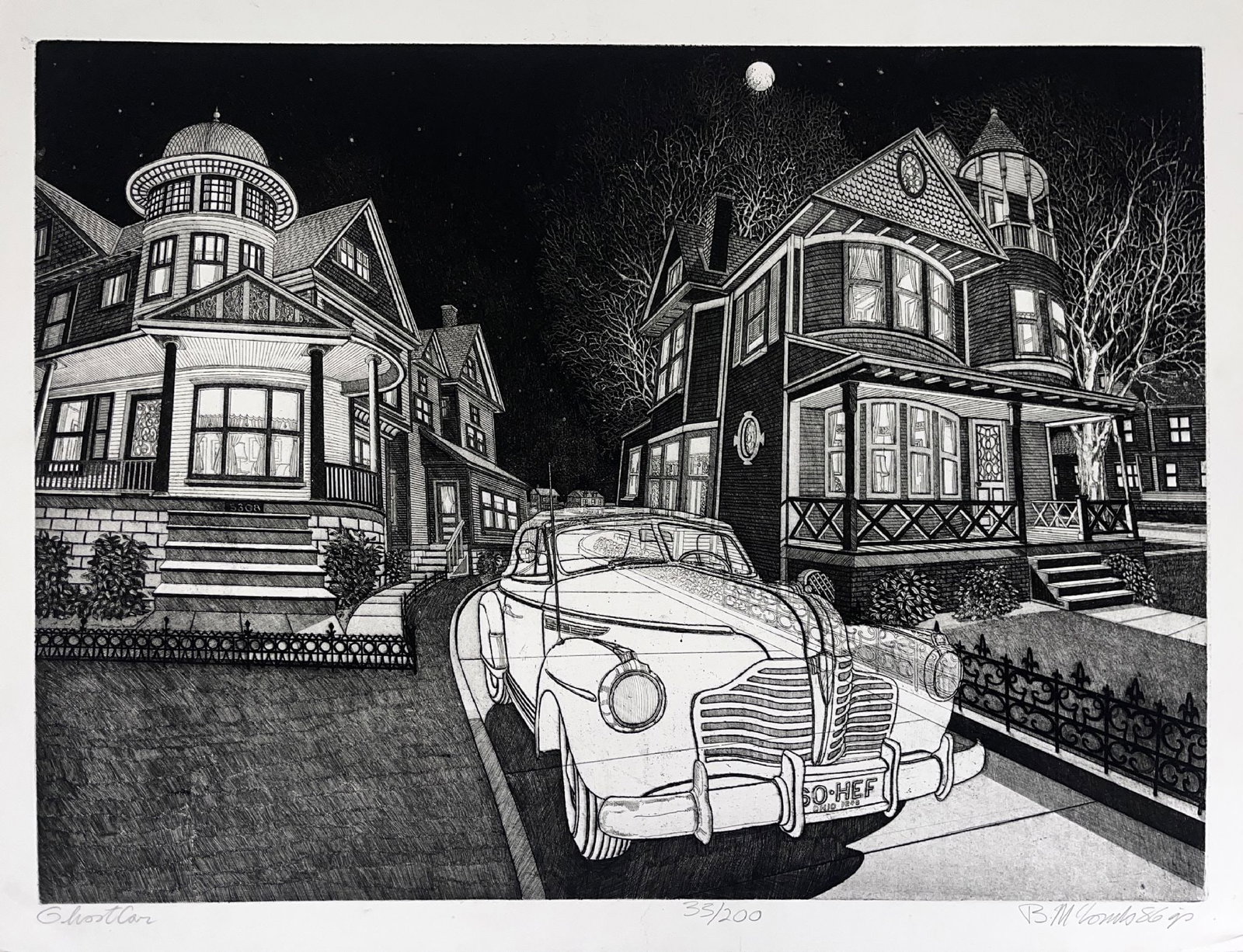Unknown Artist - Ghost Car: Artist: Unknown ArtistTitle: Ghost CarYear: 1986Dimensions: 24 1/2 x 32 in.Edition: From the rare edition of 200Medium: Etching and Aquatint on paperCondition: ExcellentSignature Details: