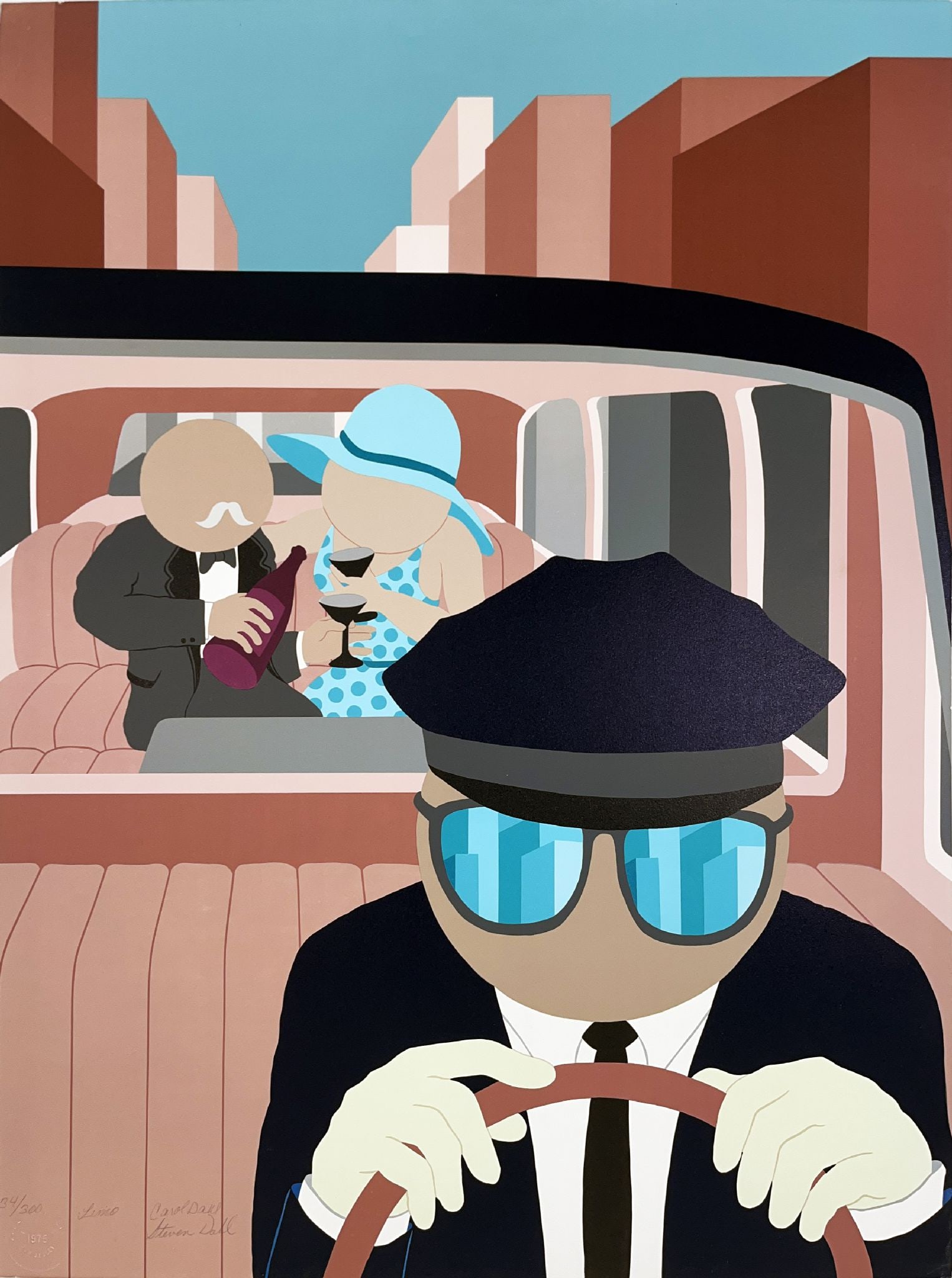 Carol & Steve Dahl - Limo Driver: Artist: Carol & Steve DahlTitle: Limo DriverDimensions: 21 3/4 x 29 in.Edition: From the edition of 300Medium: Serigraph in Colors on PaperCondition: ExcellentSignature Details: Hand-signedComes