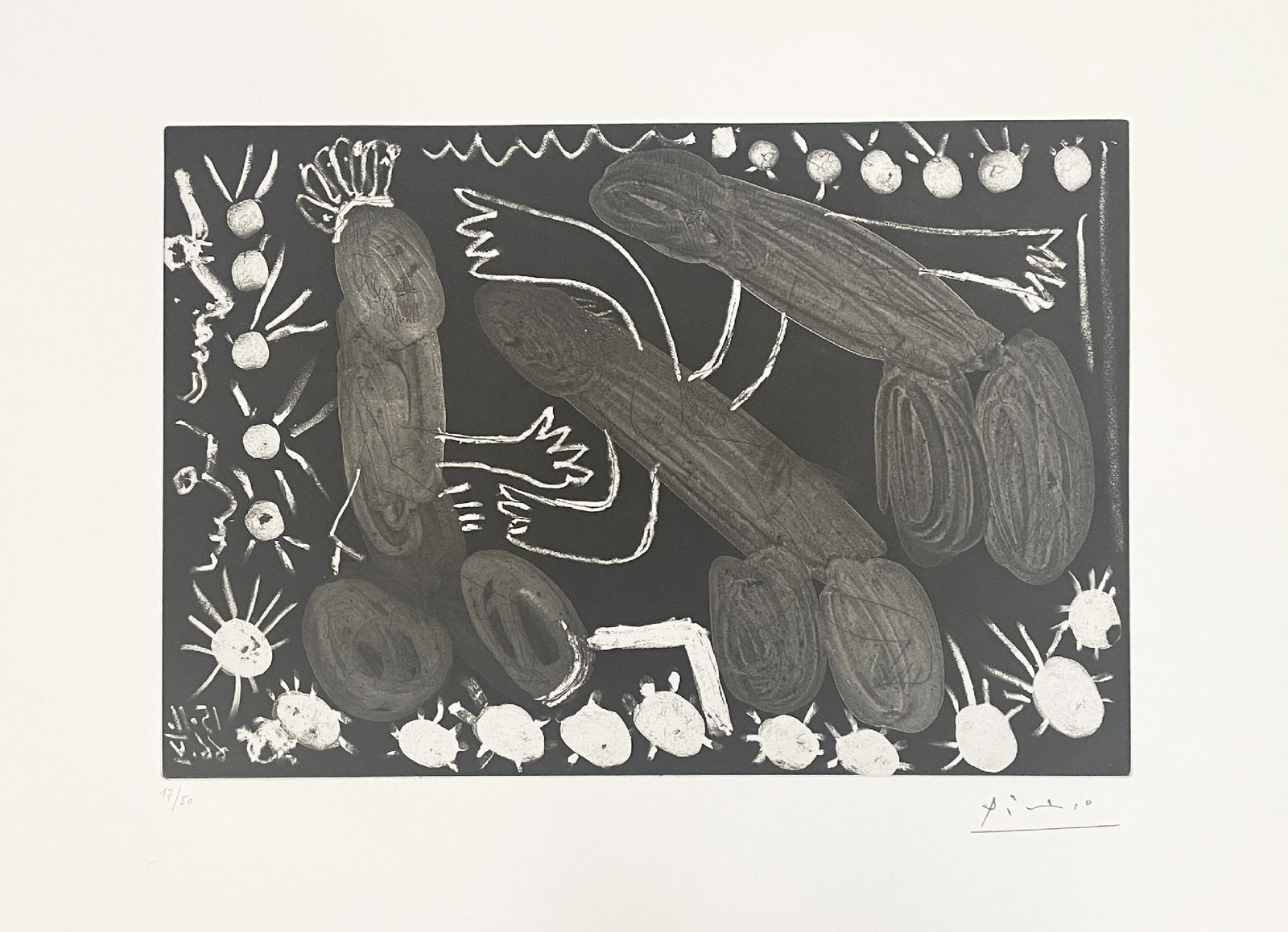 Pablo Picasso - Sur la scene (Roi et couple-phallus): Artist: Pablo Picasso Title: Sur la scene (Roi et couple-phallus) Year: 1966 Dimensions: 14 7/8 x 18 5/8 in. Edition: From the rare limited edition Medium: Original