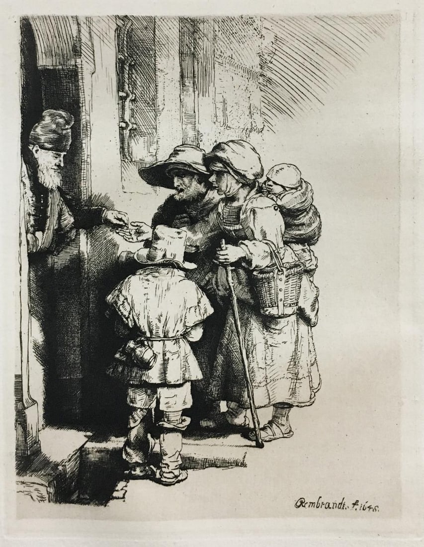 Rembrandt van Rijn - Beggars Receiving Alms at the Door: Artist: Rembrandt van Rijn Title: Beggars Receiving Alms at the Door Year: 1880 Dimensions: 6.5in. by 5in. Edition: From the rare limited edition Publisher: Mac