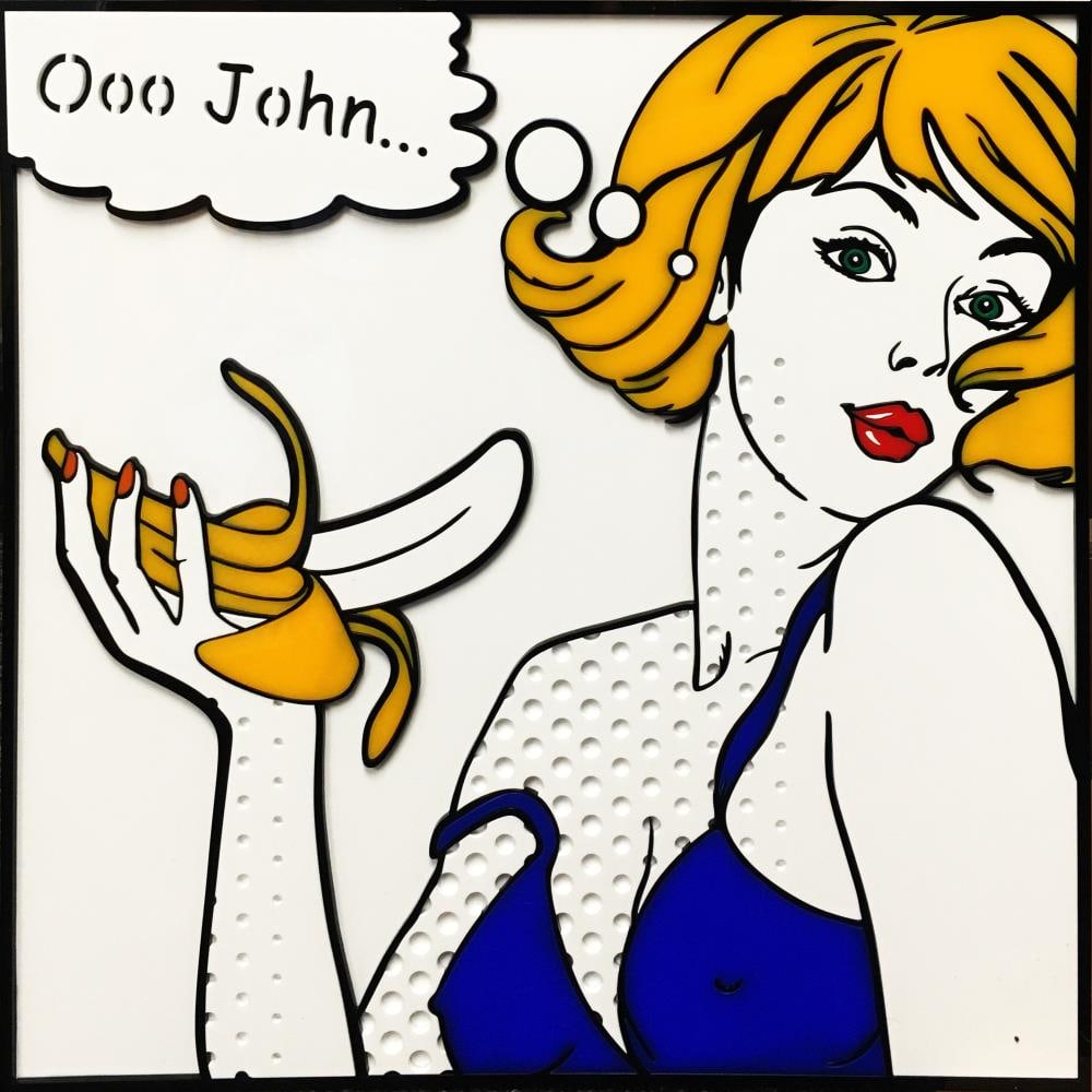 Mitch Mitchell AKA Mitch and the Machine - Ooo John: Artist: Mitch Mitchell AKA Mitch and the Machine Title: Ooo John Year: 2023 Dimensions: 16in. by 16in. Edition: From the Rare Limited Edition Medium: Layered Co