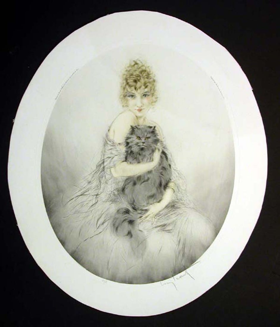 Louis Icart - Persian Cat: Artist: Louis Icart Title: Persian Cat Year: 1923 Dimensions: 16 7/8in. by 13 5/8in. Edition: From the rare limited edition Medium: Original dry point etching with hand col