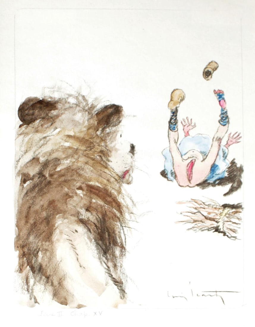 Louis Icart - Lion and The Old Lady: Artist: Louis Icart Title: Lion and The Old Lady Year: 1936 Dimensions: 9.5in. by 7.3in. Edition: From the rare limited edition Suite: Gargantua et Pantagruel</