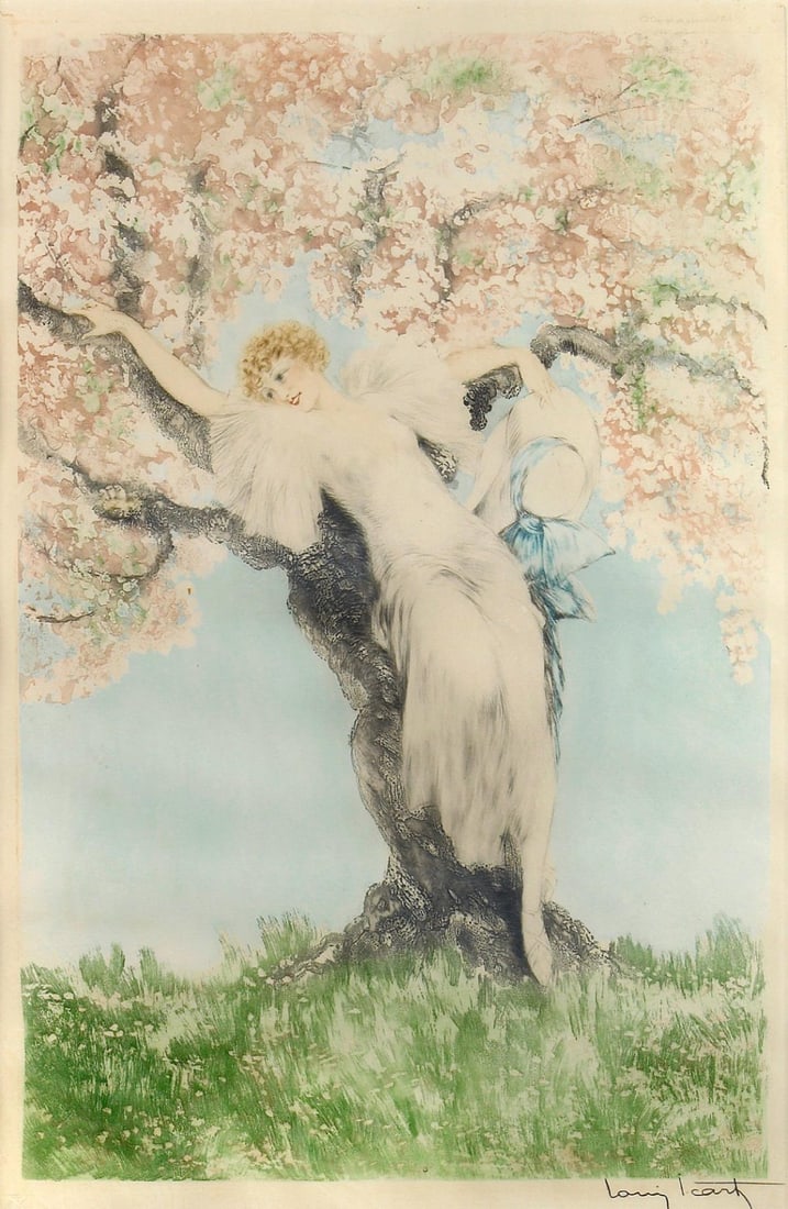 Louis Icart - Spring Blossoms: Artist: Louis Icart Title: Spring Blossoms Year: 1932 Dimensions: 23 1/4in. by 15 1/8in. Edition: From the rare limited edition Medium: Etching and aquatint wit