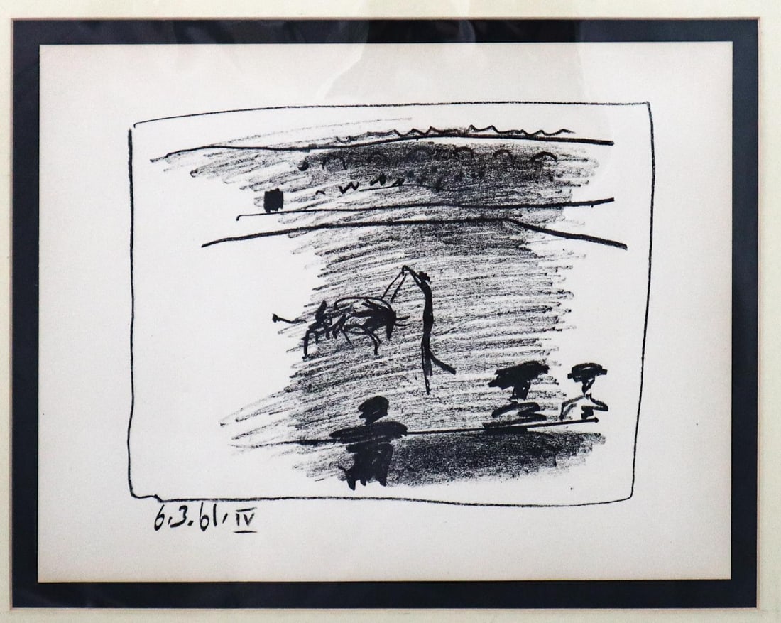 Pablo Picasso - 6.3.61 IV: Artist: Pablo PicassoTitle: 6.3.61 IVYear: 1961Dimensions: 10in. by 13in.Edition: From the limited edition of 150Publisher: Cercle d'ArtSuite: Los TorosMedium: Original offset lithograph executed by