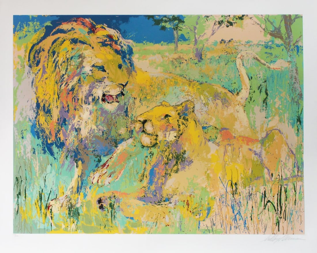 Leroy Neiman - Lion Couple: Artist: Leroy Neiman Title: Lion Couple Year: 1981 Dimensions: 34in. by 44in. Edition: From the Rare Limited Edition of 300 Medium: Serigraph in Colors on Paper
