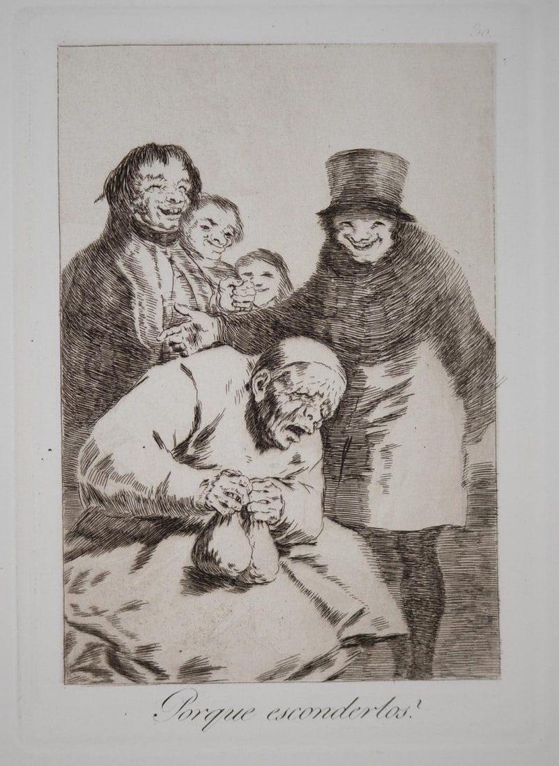 Francisco Goya - Porque escorderlos: Artist: Francisco GoyaTitle: Porque escorderlosYear: 1799Dimensions: 11.5in. by 8.25in.Edition: From the rare limited editionSuite: Los CaprichosMedium: Original etching on paperCondition: