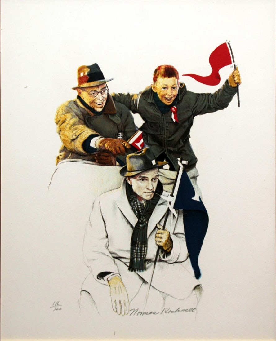 Norman Rockwell - Cheering: Artist: Norman Rockwell Title: Cheering Dimensions: 26in. by 20in. Edition: From the rare limited edition of 200 Suite: School Days Medium: Original lithograph