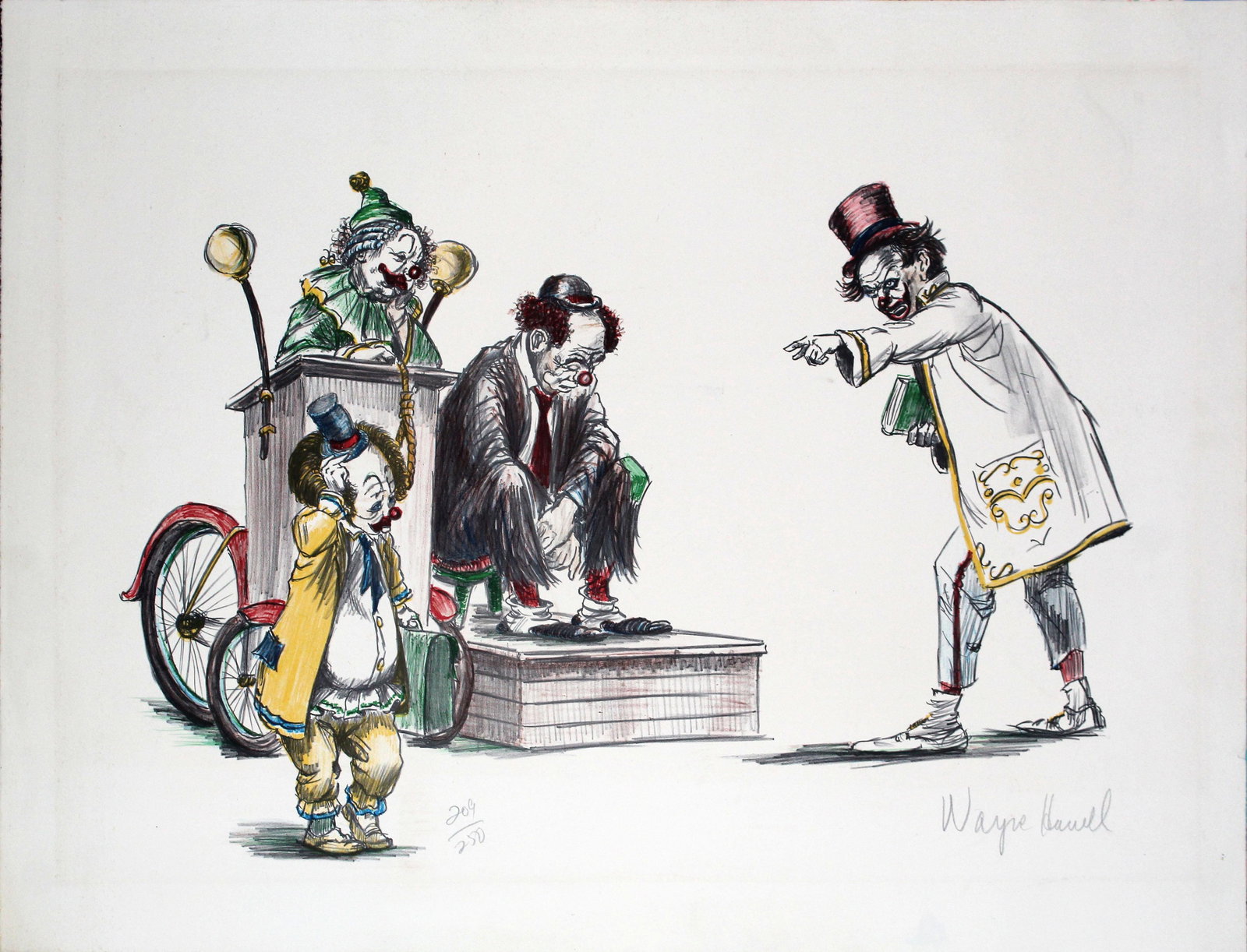 Wayne Howell - Clown Courtroom: Artist: Wayne Howell Title: Clown Courtroom Dimensions: 26in. by 20in. Edition: 209 from the rare limited edition of 250 Medium: Original lithograph on paper Condit