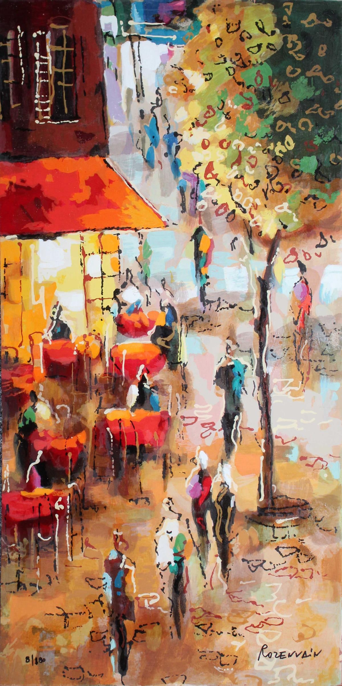 Michael Rozenvain - Parisian Cafe: Artist: Michael Rozenvain Title: Parisian Cafe Dimensions: 13 1/2in. by 25 1/2in. Edition: From the rare limited edition Medium: Original serigraph and acrylic on board Condit