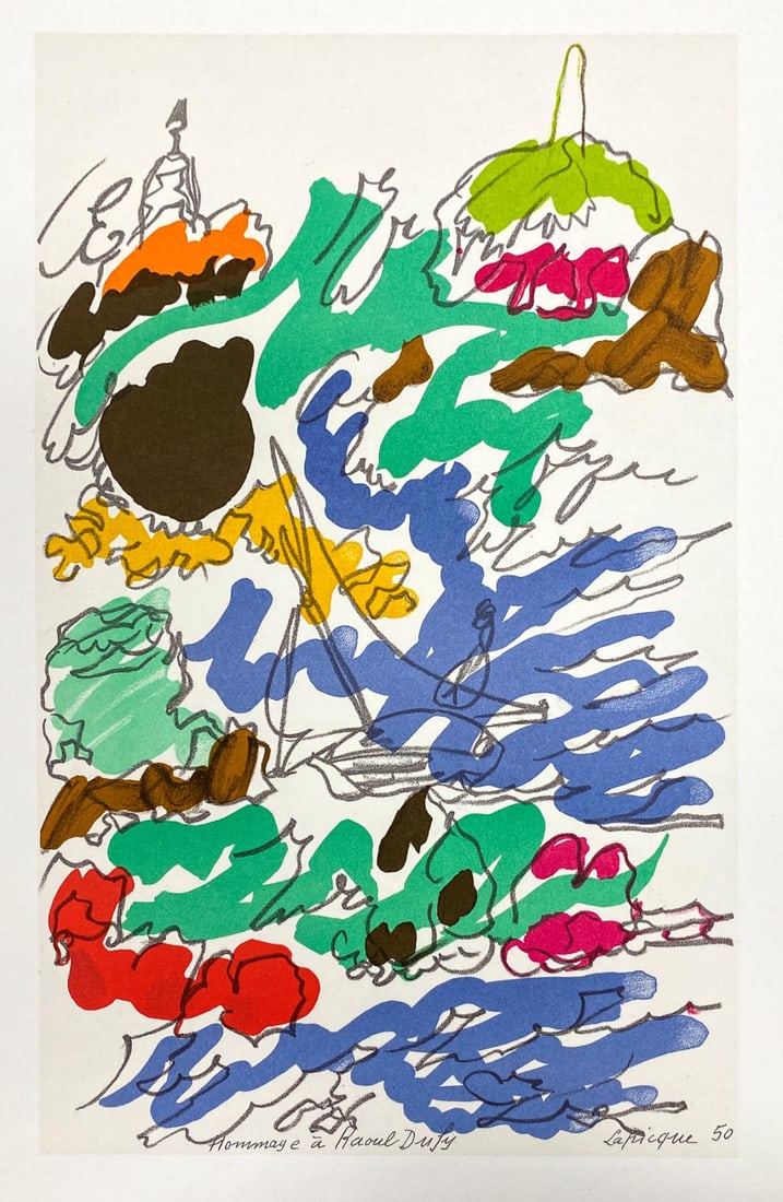 Charles Lapicque - Hommage a Raoul Dufy: Artist: Charles LapicqueTitle: Hommage a Raoul DufyYear: 1965Dimensions: 9.5in. by 11.75in.Edition: From the rare limited edition of 975Suite: Lettre A Mon PeintreMedium: Lithograph on