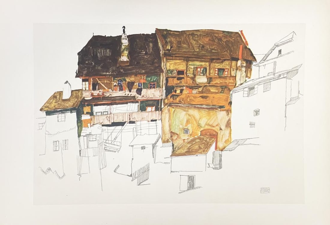 Egon Schiele (After) - Old House in Krumau: Artist: Egon Schiele (After) Title: Old House in Krumau Year: 1951 Dimensions: 9 5/16in. by 13 3/8in. Edition: From the rare limited edition Publisher: Druck Un