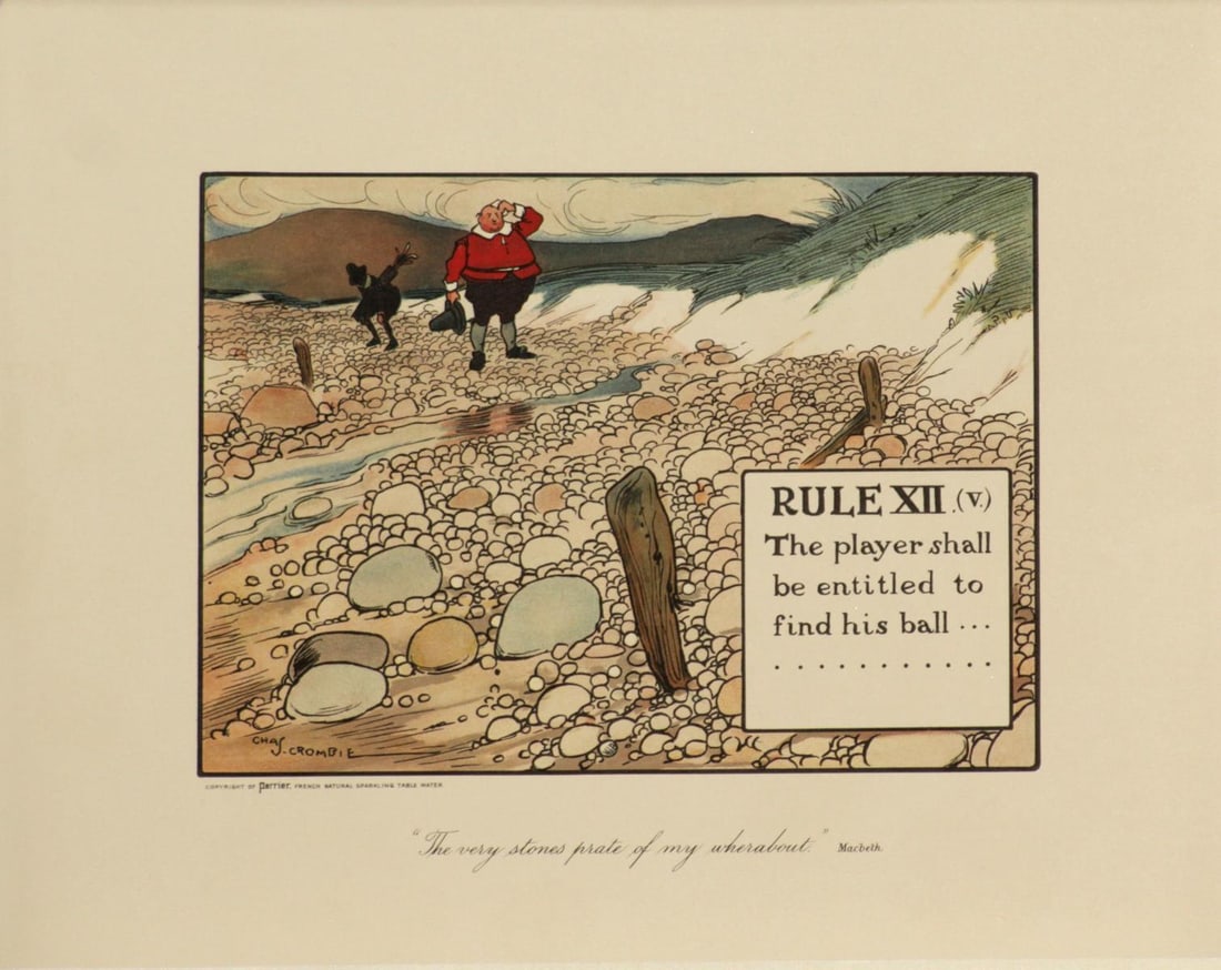 Chas Crombie - The Rules of Golf XII: Artist: Chas Crombie Title: The Rules of Golf XII Year: c. 1905 Dimensions: 10in. by 12in. Edition: From the rare limited edition Medium: Original lithograph on