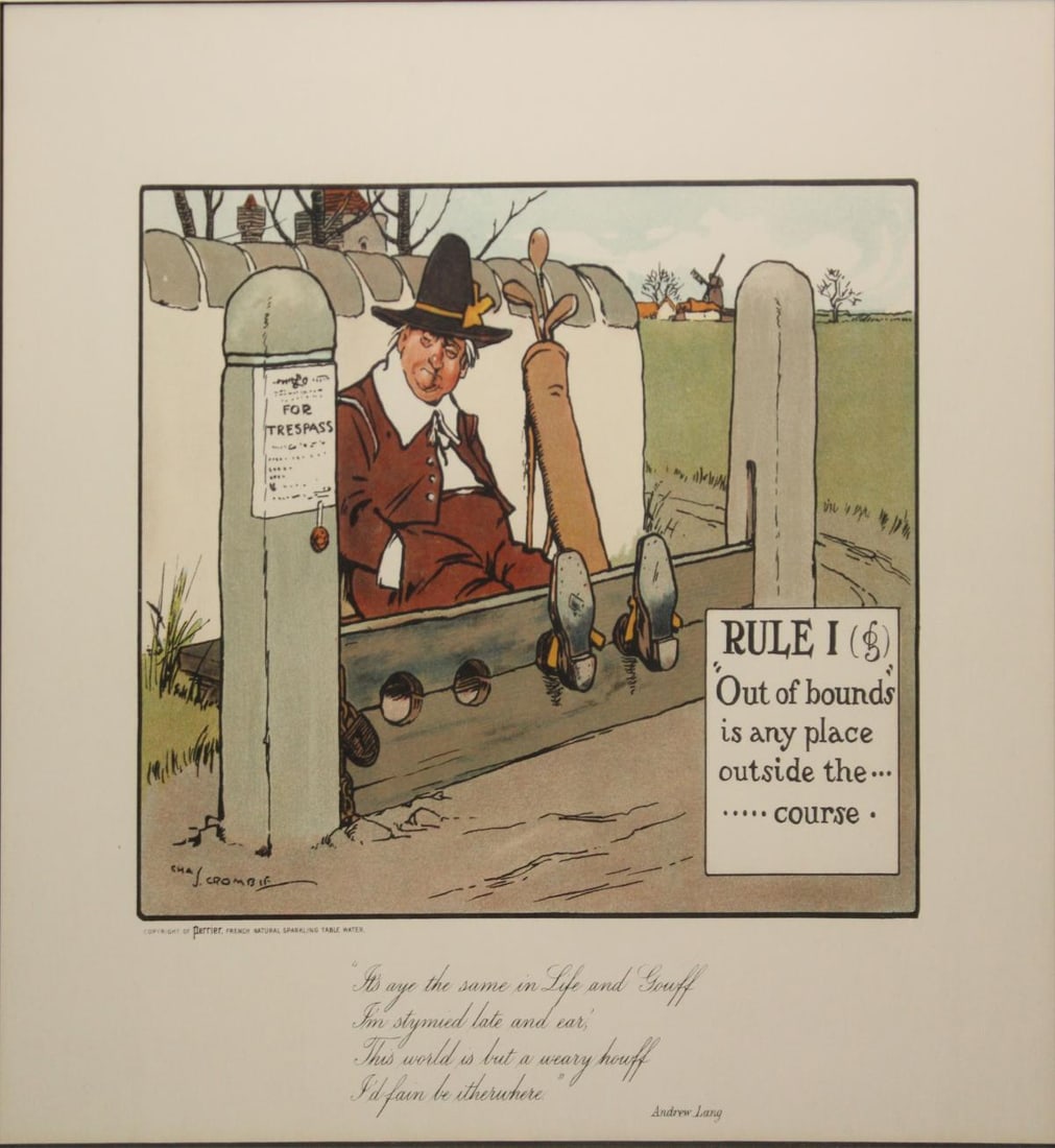 Chas Crombie - The Rules of Golf I: Artist: Chas Crombie Title: The Rules of Golf I Year: c. 1905 Dimensions: 10in. by 12in. Edition: From the rare limited edition Medium: Original lithograph on p
