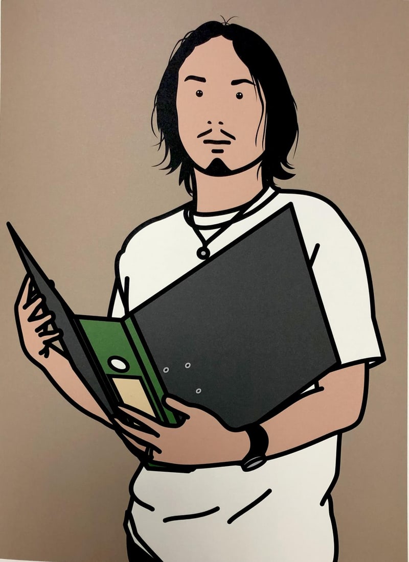 Julian Opie - Hirofumi with file: Artist: Julian Opie Title: Hirofumi with file Year: 2005 Dimensions: 15.5in. by 11.5in. Edition: From the limited edition of 250 Publisher: Alan Cristea Gallery