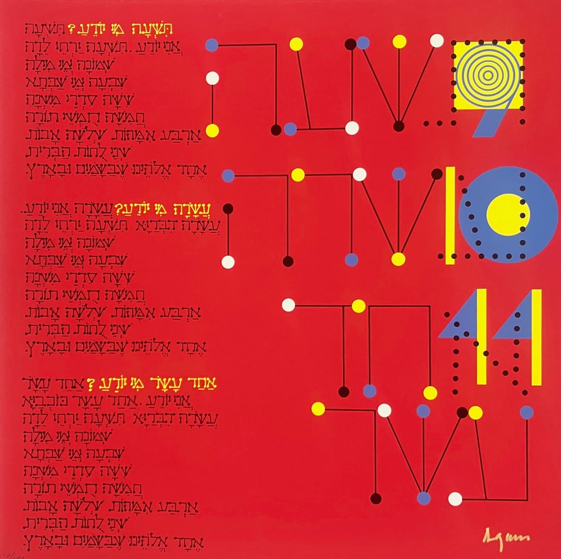 Yaacov Agam - Haggadah (Who knoweth one? I know one...): Artist: Yaacov AgamTitle: Haggadah (Who knoweth one? I know one...)Year: 1985Dimensions: 13 1/2 x 13 1/2 in.Edition: 170 from an edition of 180Suite: HaggadahMedium: Screenprint on Rives