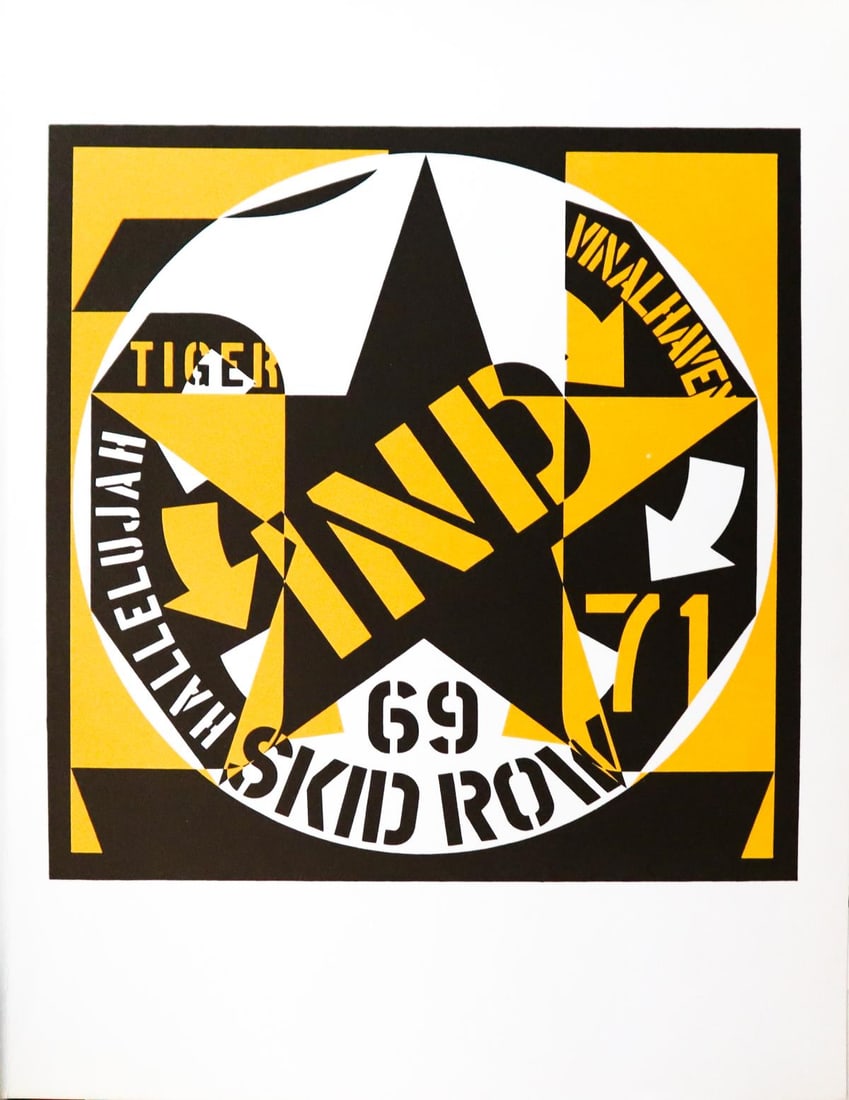 Robert Indiana - 69 Skid Row: Artist: Robert IndianaTitle: 69 Skid RowYear: 1973Dimensions: 9.5in. by 12.25in.Edition: From the rare limited edition of 3000Publisher: XXieme SiecleMedium: Color lithograph on wove paperCondition: