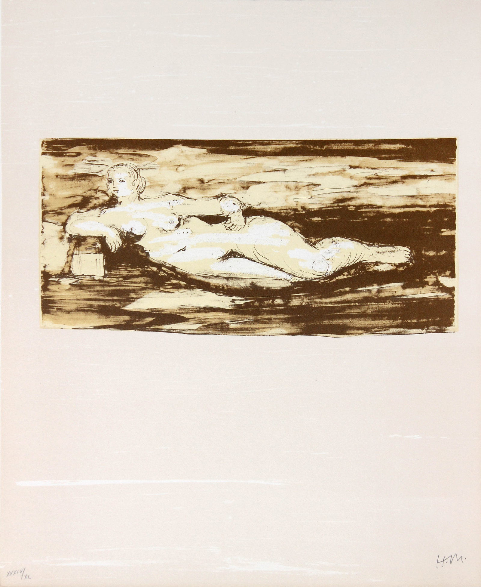 Femme Allongee by Henry Moore: Artist: Henry MooreTitle: Femme AllongeeYear: 1976Dimensions: 21in. by 19in.Edition: XXXIV/XLPublisher: Art et Poesie ParisSuite: La PoesieMedium: Original lithograph on paperCondition: MintSignature