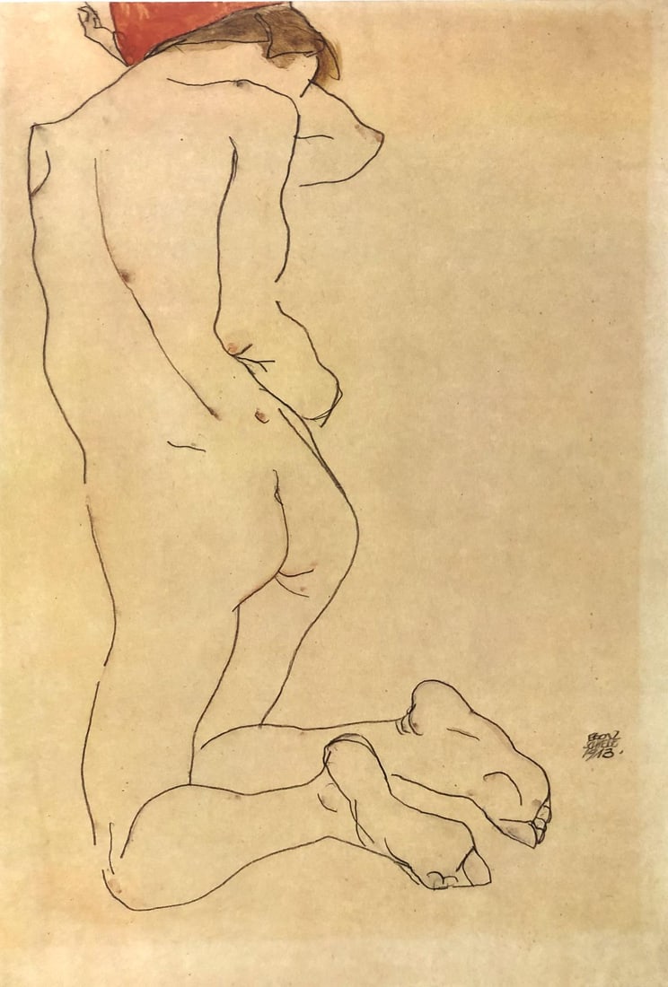 Egon Schiele (After) - Bare back with red band: Artist: Egon Schiele (After) Title: Bare back with red band Year: 1982 Dimensions: 16 1/4in. by 12 1/8in. Publisher: Mazzotta 1982 Suite: Erotic Drawings