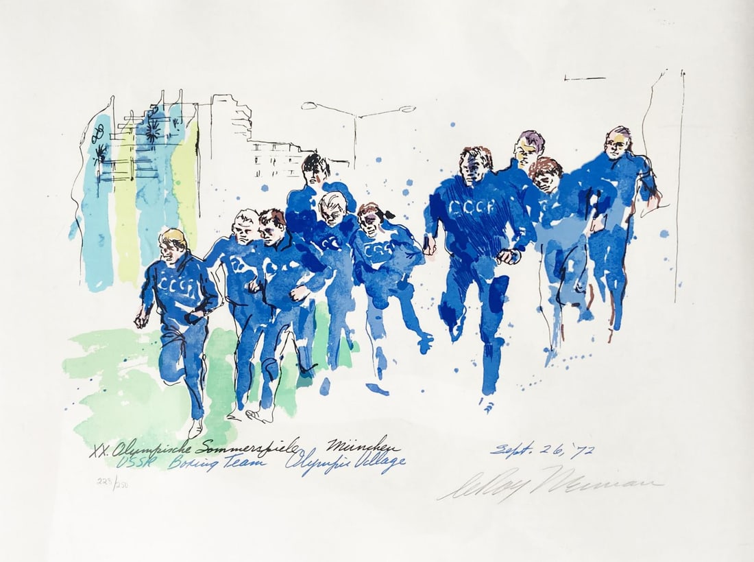 Leroy Neiman - USSR Boxing Team: Artist: Leroy NeimanTitle: USSR Boxing TeamYear: 1972Dimensions: 20in. by 15.5in.Edition: From the Rare Limited Edition of 250Suite: MunichMedium: Serigraph in ColorsCondition: ExcellentSignature
