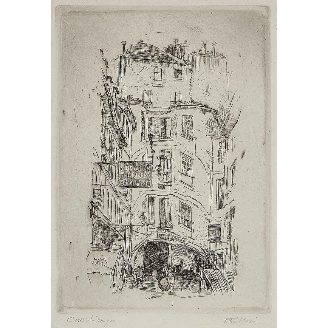 John Marin - Cour Dragon Paris: Artist: John Marin Title: Cour Dragon Paris Year: 1906 Dimensions: 9 3/8in. by 7 7/8in. Edition: From the Rare Limited Edition Medium: Original Etching on Paper